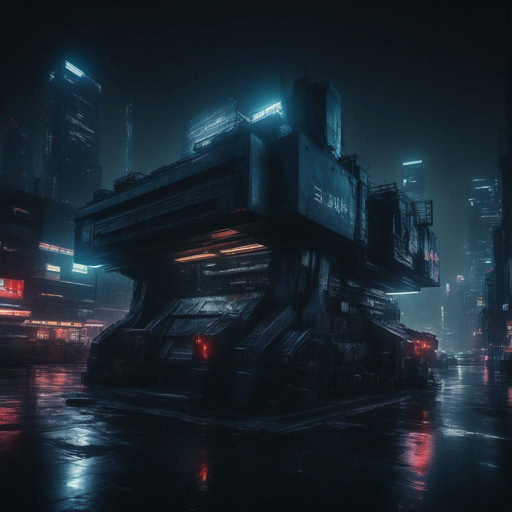 a dark and gritty cityscape at night, with a giant AI robot looming over the city, neon lights reflecting off its metal surface, futuristic, dystopian, 4k, hyper-realistic, detailed, intricate, award-winning photography