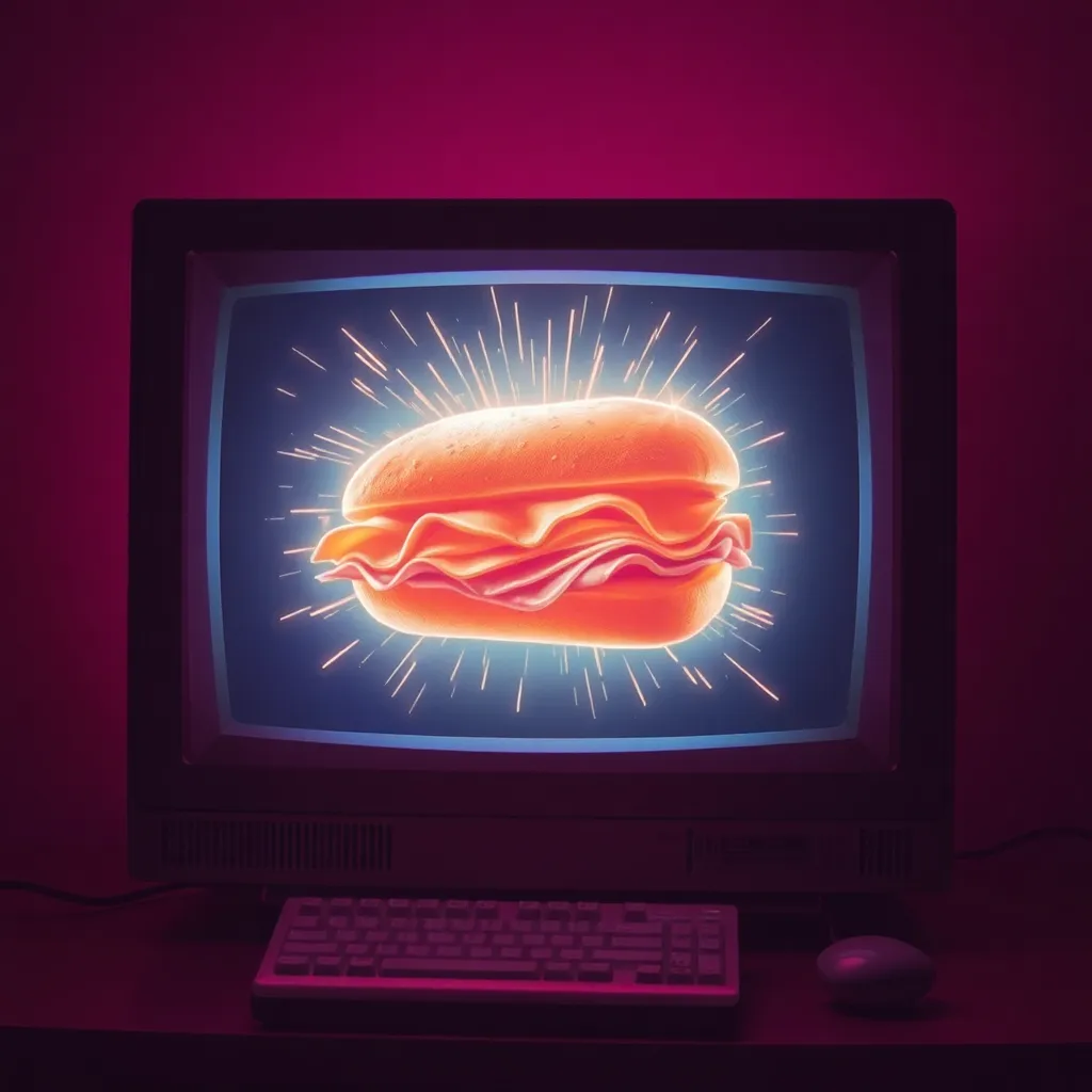 A glowing, digital, translucent ham sandwich emerging from a vintage CRT computer monitor, sparks flying, dark room, vaporwave aesthetic
