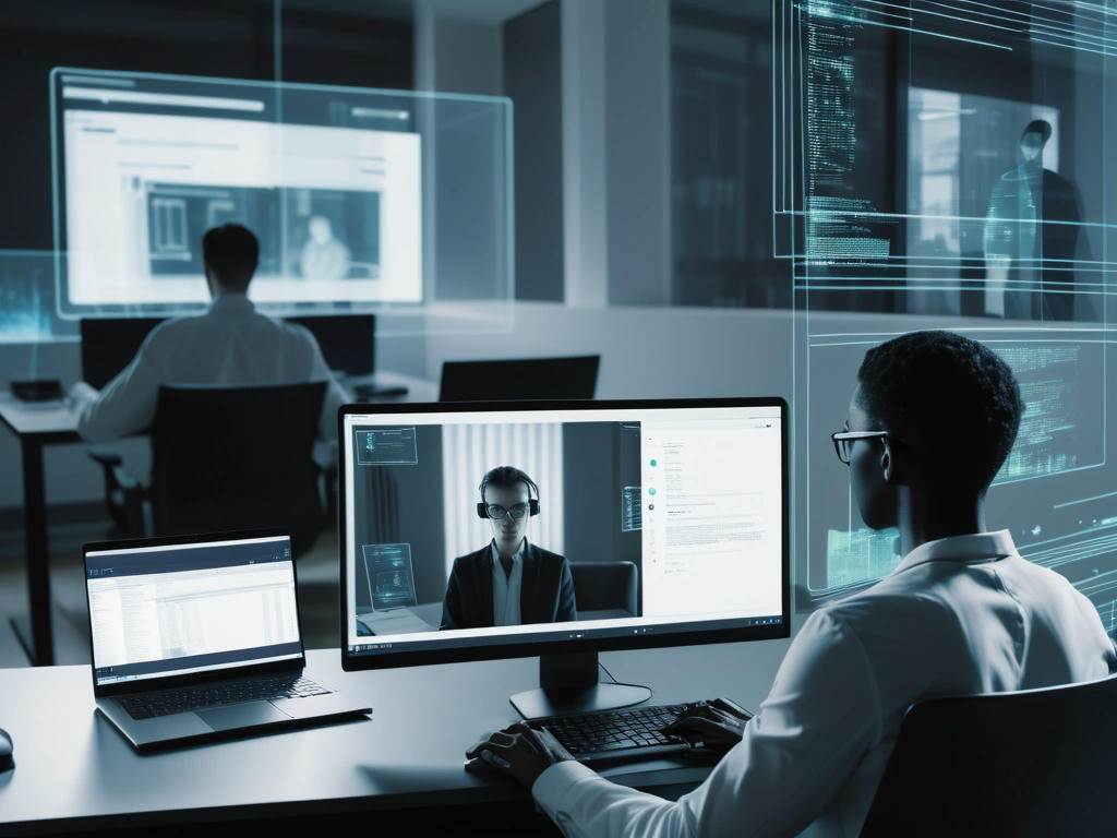 A split-screen image with a remote worker on one side, using a company laptop for personal activities, and an employer monitoring the activity on the other side, with a subtle, ghostly image of a judge in the background, surrounded by code and computer screens