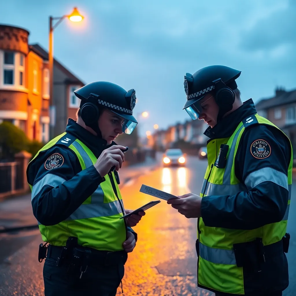 British police officers in high-visibility jackets using futuristic scanners to detect illegal punctuation in a suburban street, one officer examining a suspicious handwritten note under a streetlamp, absurdly serious official atmosphere, rainy UK setting, cinematic detail