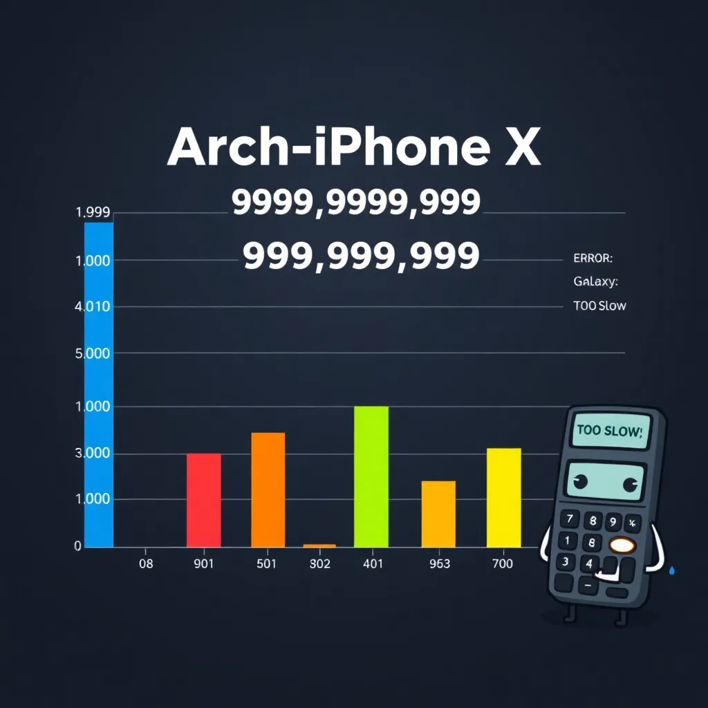 a comically oversized benchmark chart showing 'Arch-Phone X' at 999,999,999 points, with iPhone 15 Pro Max at 0.0001 points, Samsung Galaxy S24 Ultra at 'ERROR: TOO SLOW', and a sad-looking calculator in the corner weeping pixel tears