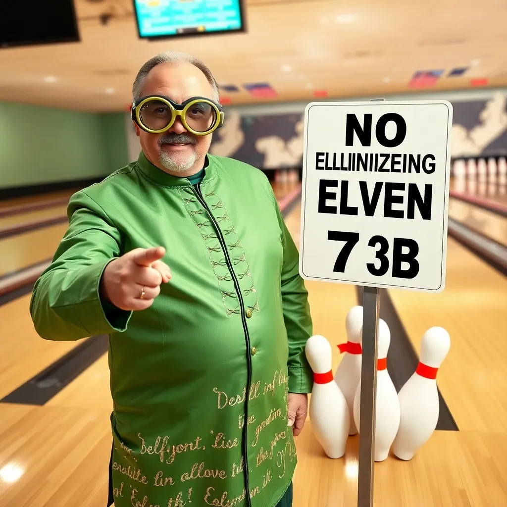 a man in a bedazzled green tunic holding oversized googly-eye goggles, pointing authoritatively at a sign that reads 'NO UNIONIZING (ELVEN LAW 7B)', while tiny foam pin costumes lean against a bowling lane in the background