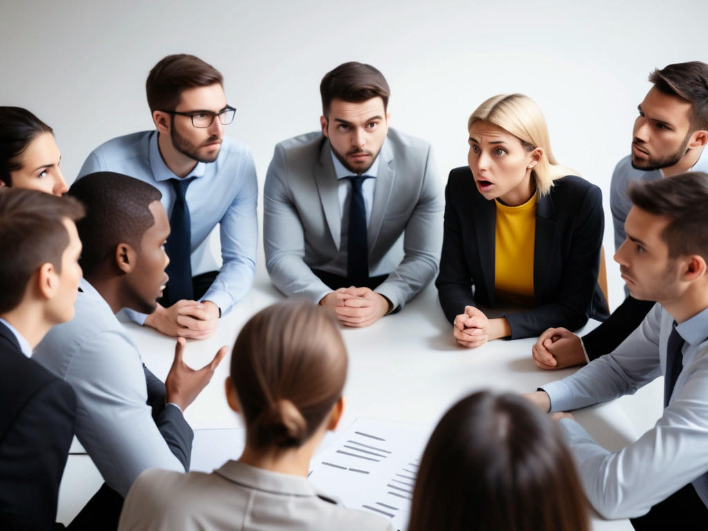 a team meeting with no clear leader, people talking over each other, confusion on their faces