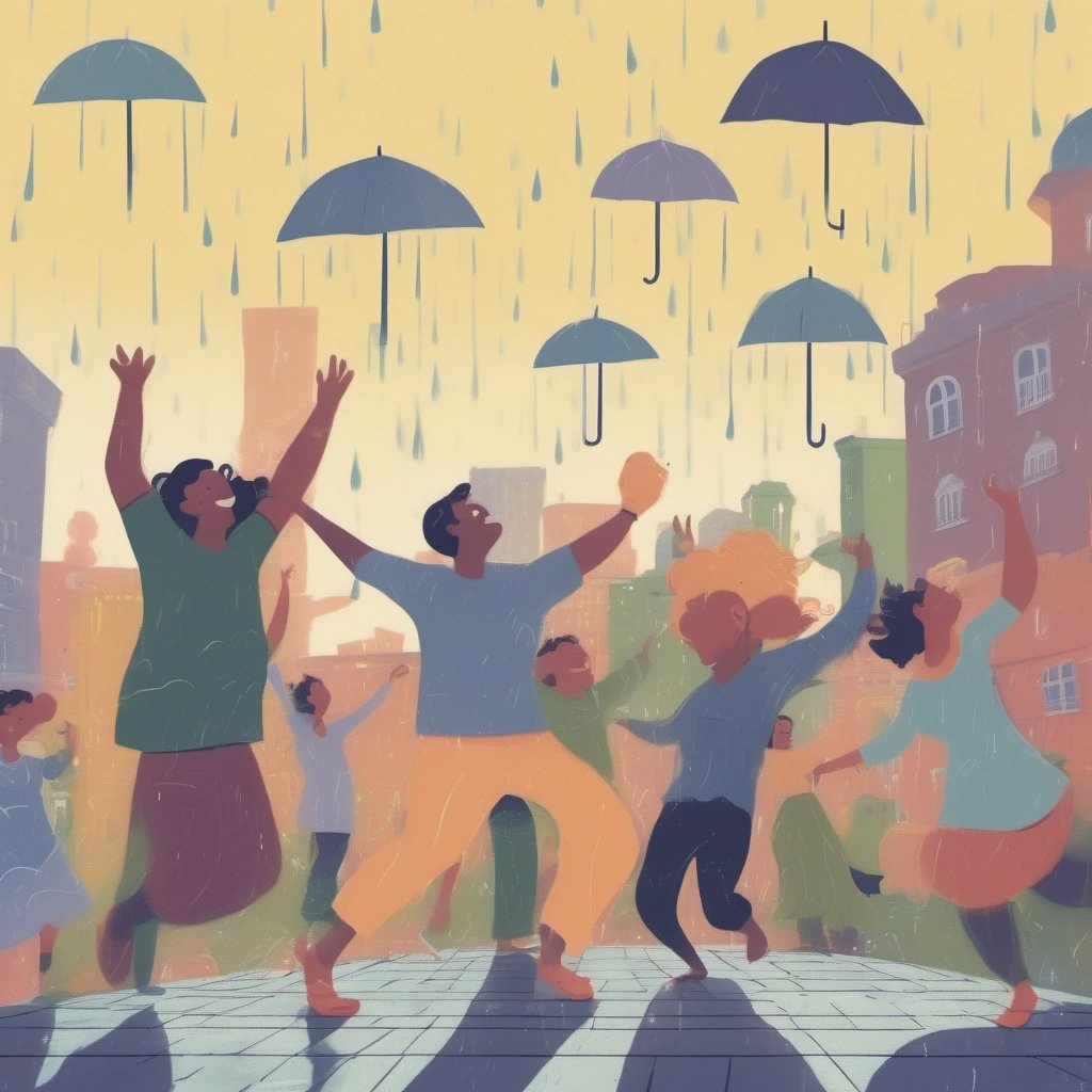 People dancing joyfully under rain showers on rooftops