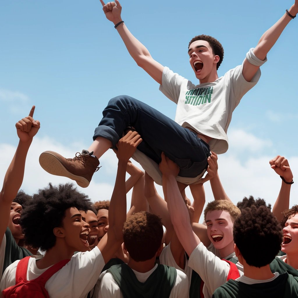 Students lifting Jordan in celebration