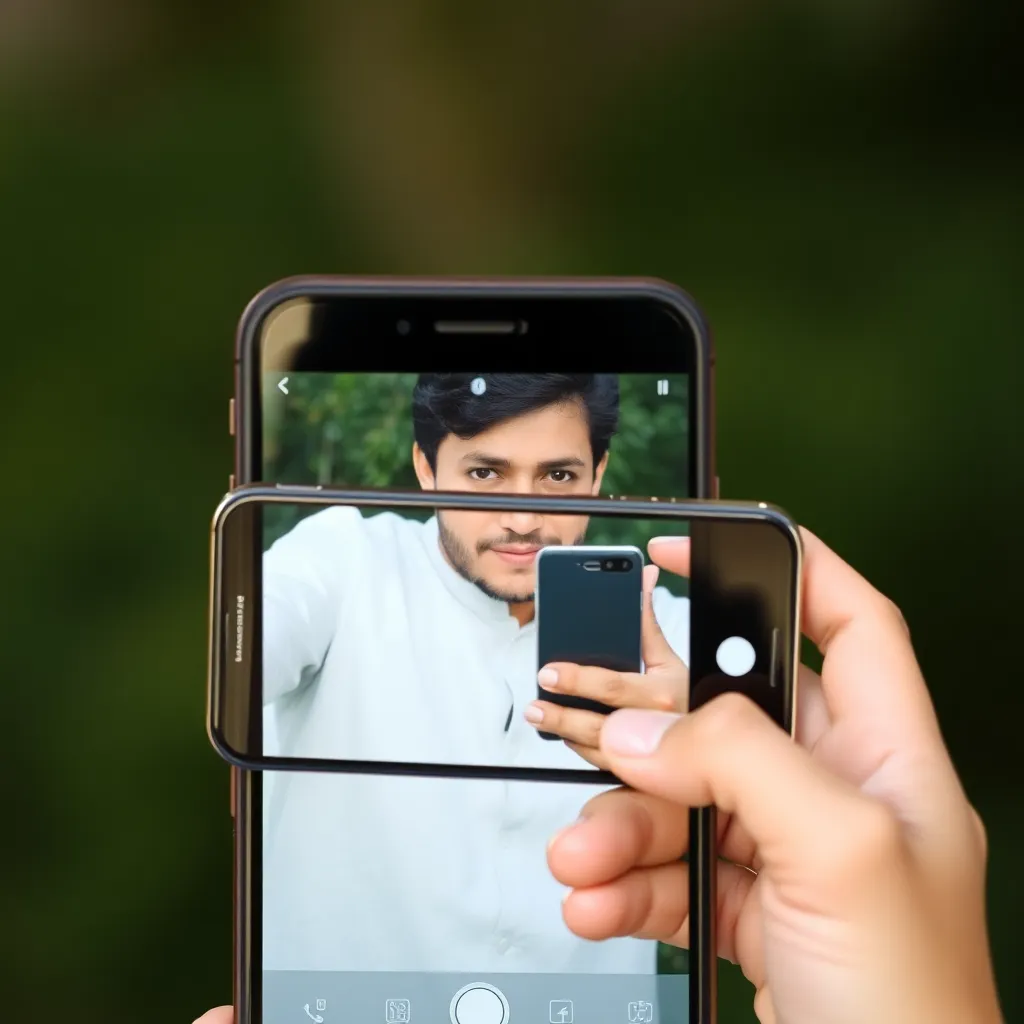 a smartphone taking a selfie, with the image on the screen showing a completely different person