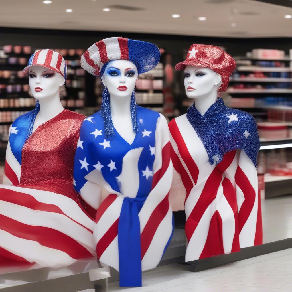 a makeup counter display featuring 'Patriot Palette' with red, white, and blue shades, mannequin heads wearing MAGA hats and sequined American flag gowns, mall background