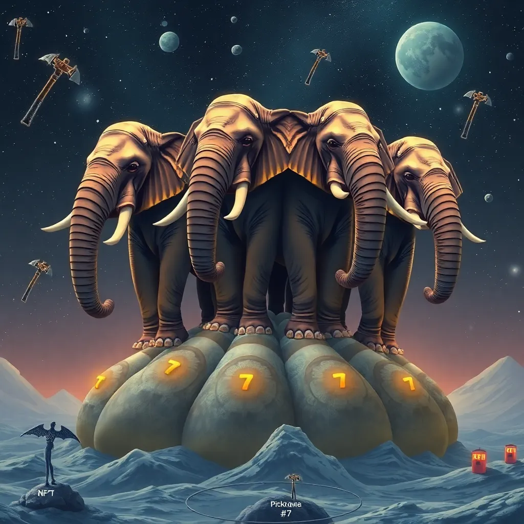 four giant elephants standing on Great A'Tuin's shell, their hooves flickering with pixelated NFT symbols like 'Rare Pickaxe #7', cosmic background with floating pickaxes and tiny voting booths