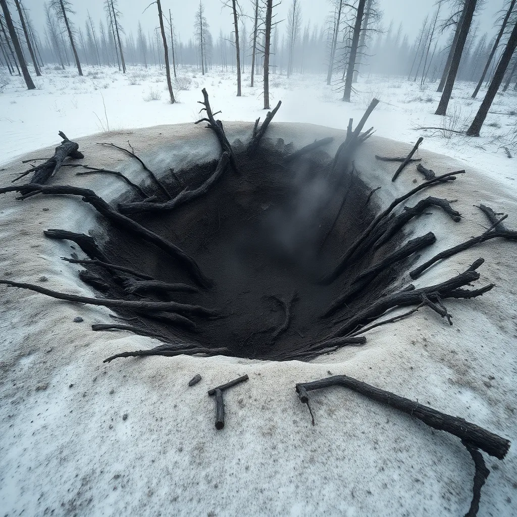 Ground-level crater in a frozen forest with “should not have occurred on a Tuesday” vibe