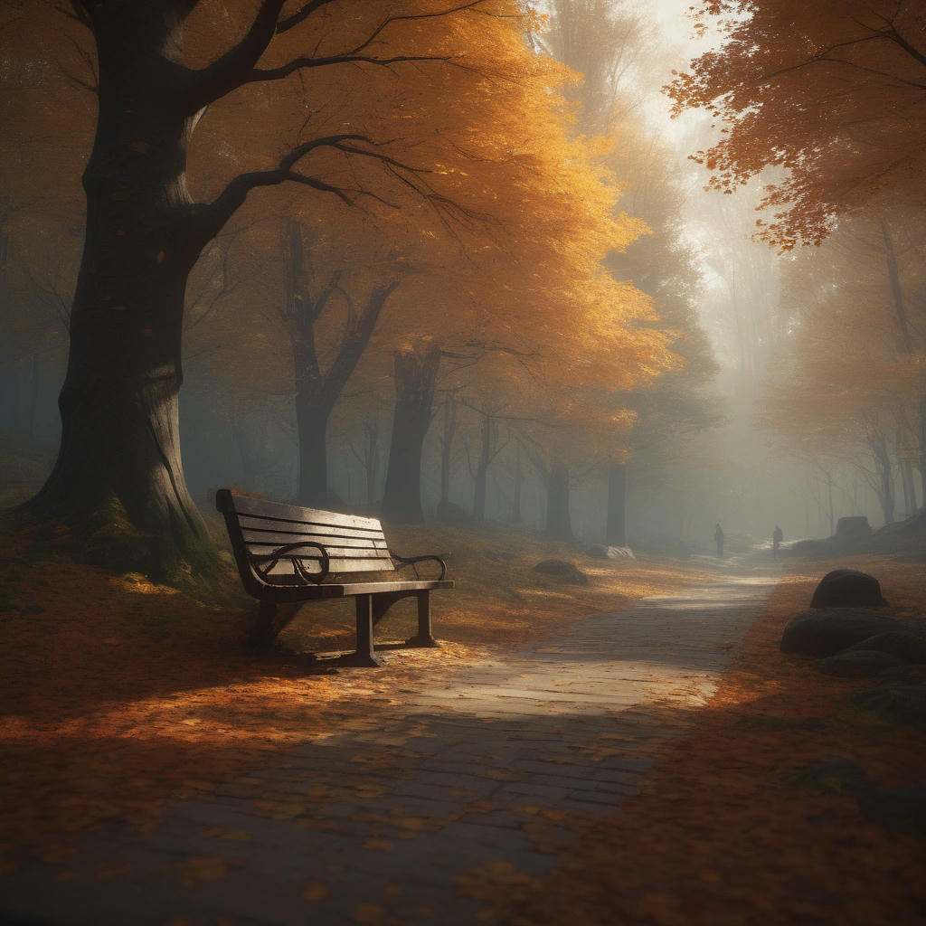 a person sitting on a bench in a quiet forest, surrounded by autumn leaves, with a subtle sense of melancholy, warm lighting, cinematic atmosphere, 4k, highly detailed, concept art by Ian McQue and Loish