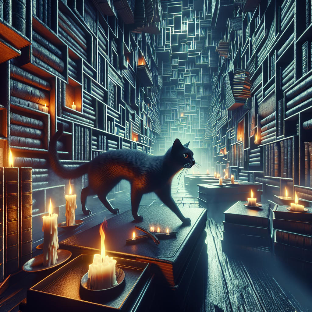 a sleek black cat prowling through a labyrinthine library with warped and twisted walls, eerie atmosphere, hyper-realistic, intricate details, cinematic lighting