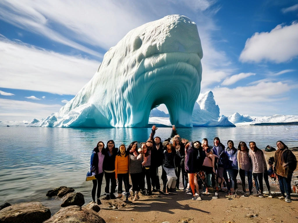 A group of people gathered on the shore, taking photos and selfies with the phallus-shaped iceberg in the background, some with amused expressions, others with embarrassed grins