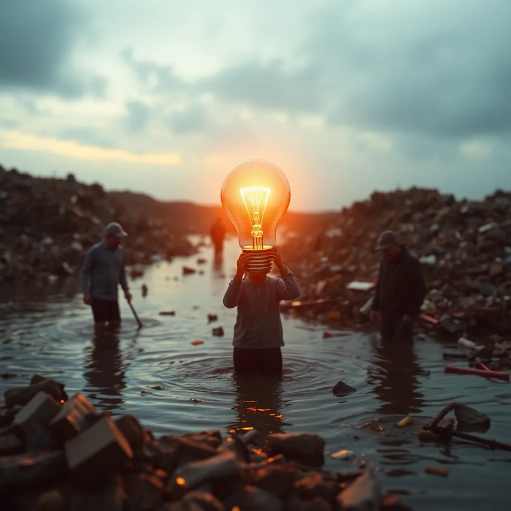 people wading through a digital landfill, searching for a glowing lightbulb representing an original idea