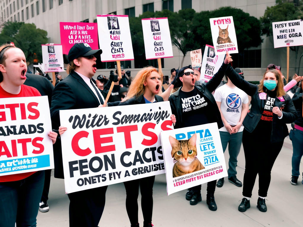 protesters holding signs and banners against Trump eating cats, with a PETA representative speaking