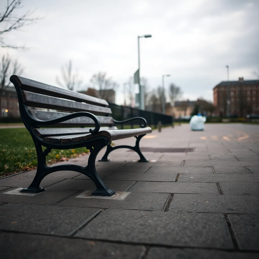 close-up of a very ordinary park bench on gray pavement, faint outline on the ground showing previous position, dull cloudy sky light, no dramatic elements, realistic municipal atmosphere, meticulous boring detail, a plastic bag in the distance, subdued colors
