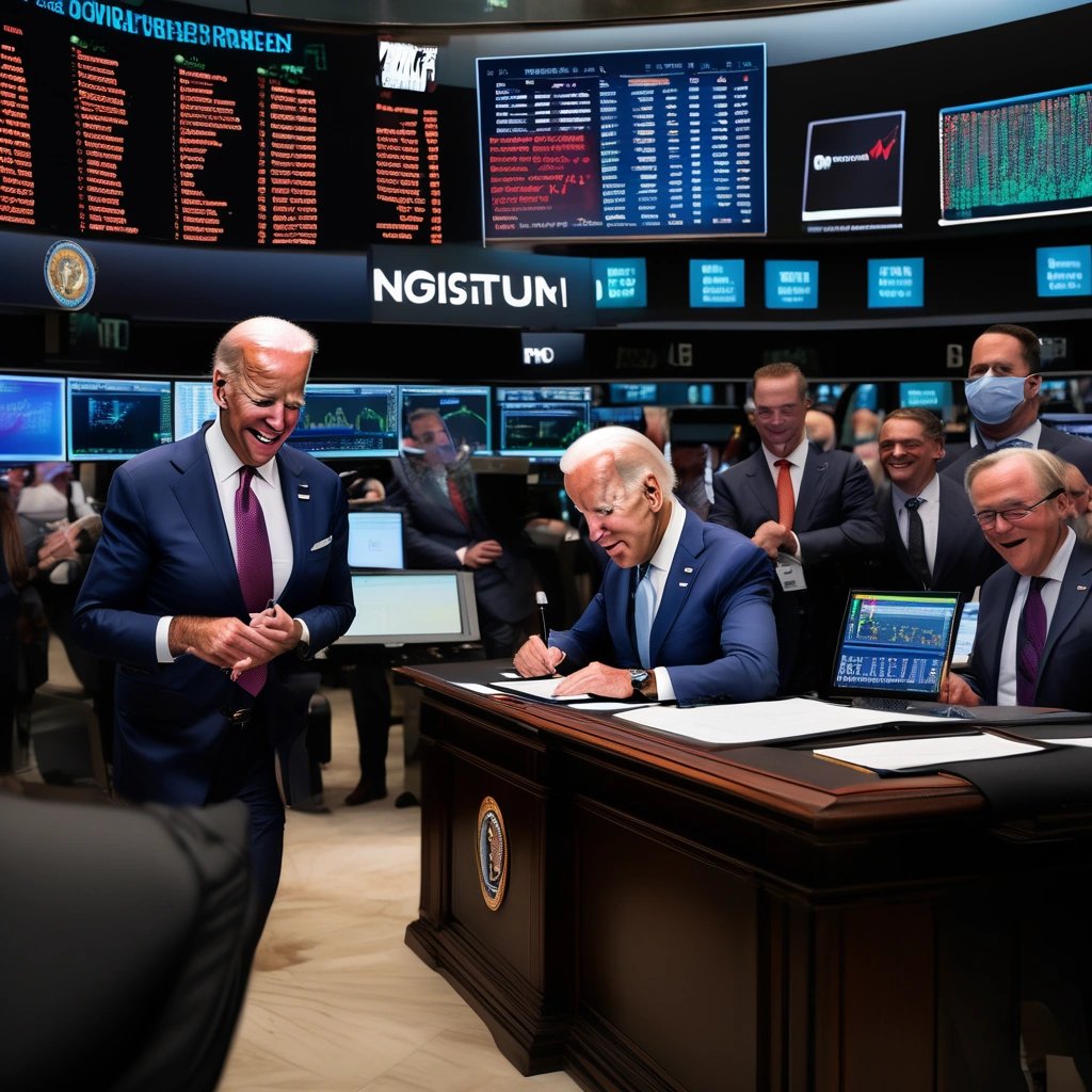 Biden signing executive order with left-scrolling stock ticker