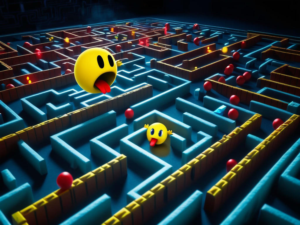 Pac-Man eating a Power Pellet and chasing away the Ghosts of Christmas Past, Present, and Yet to Come in a brightly lit maze