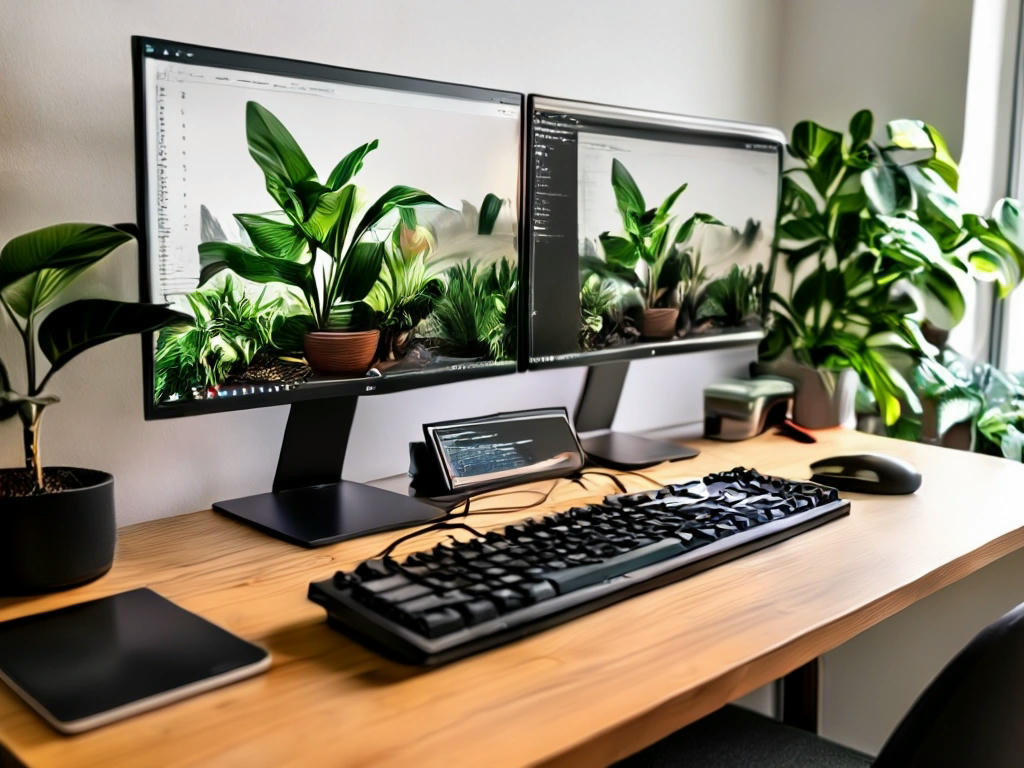 A modern developer setup with Clojure code on a dual-monitor setup, a mechanical keyboard, and a plant on the desk