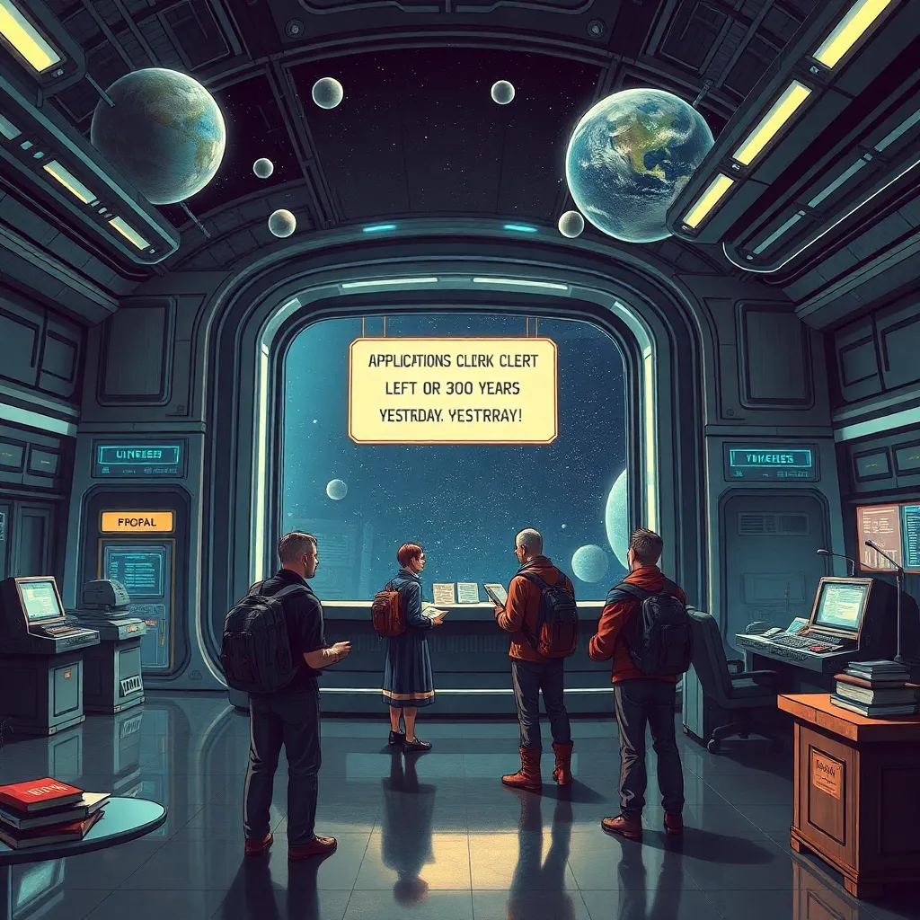 futuristic interstellar bureaucracy office on a distant capital planet, exhausted travelers from a gas giant standing with giant folders and old canisters, receptionist window displaying sign saying the applications clerk left for a 300 year vacation yesterday, endless queues, retro-futuristic terminals, absurdly grand corporate lobby, melancholy and comedic atmosphere, highly detailed sci-fi illustration