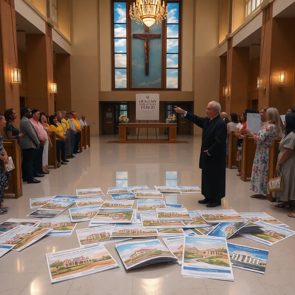 heavenly suburban development brochures scattered across a polished church lobby, watercolor renderings of cloud mansions, communal orchards, pearl gates, distressed worshippers in polos and floral dresses, a pastor pointing at a poster reading Consultation Period, cinematic lighting, intricate detail