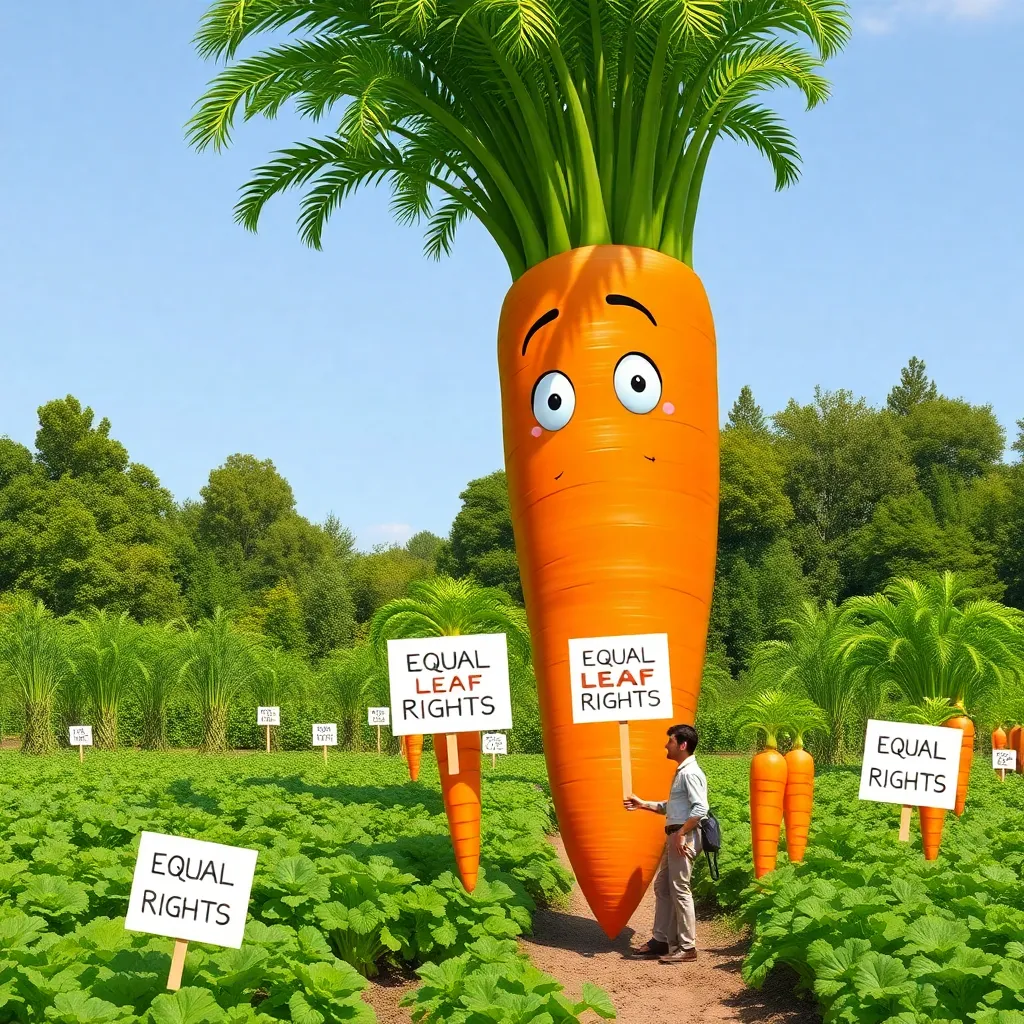 giant cartoon carrot with palm-tree-sized green leaves towering over a confused farmer, real carrots holding tiny protest signs saying 'Equal Leaf Rights', sunny vegetable patch