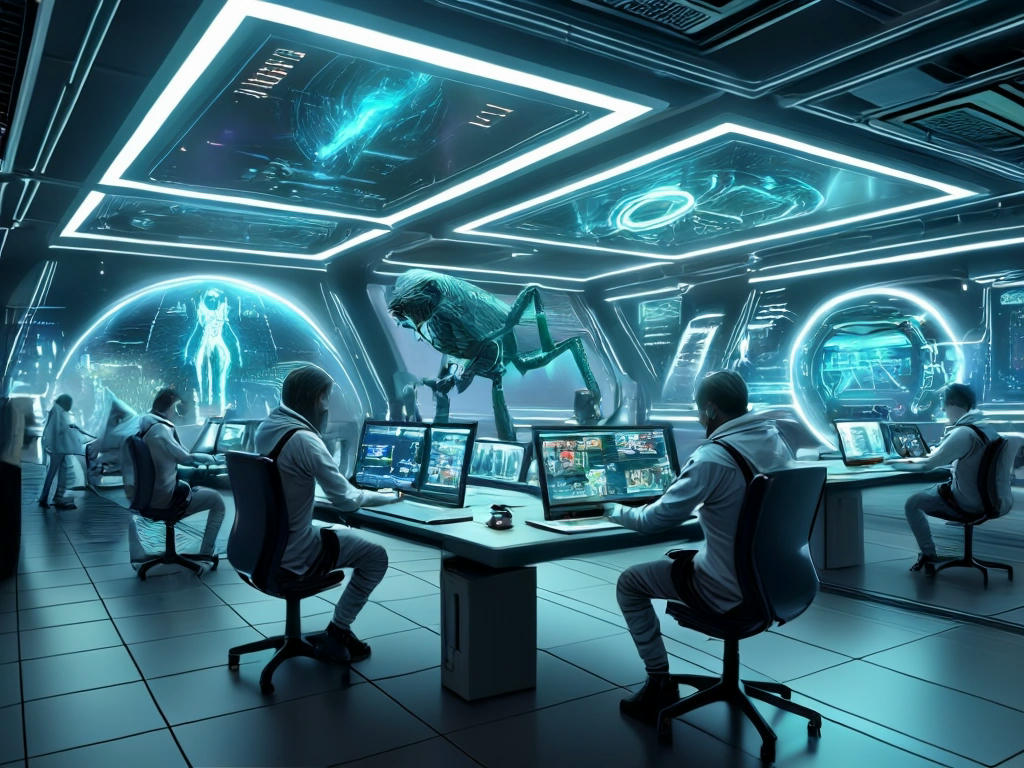 a futuristic tech lab with human and alien developers working together on advanced software projects, holographic screens and alien technology in the background