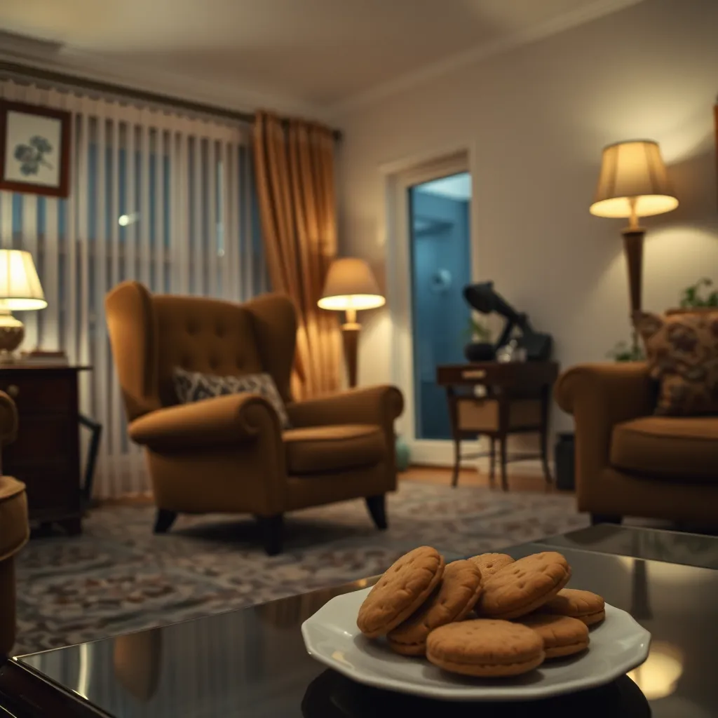 a suburban living room gently distorted by an active wibble, armchair leaning thoughtfully, lamp flickering with hesitation, biscuits on a plate looking strangely opinionated, elegant surrealism, warm evening light, comedic domestic tension