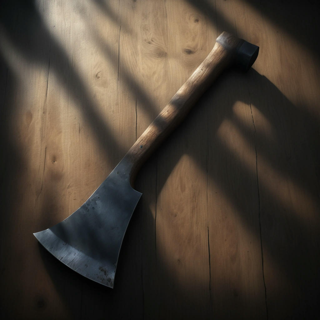 A hatchet lying on a wooden surface, with a sinister shadow looming over it, detailed, realistic, digital art