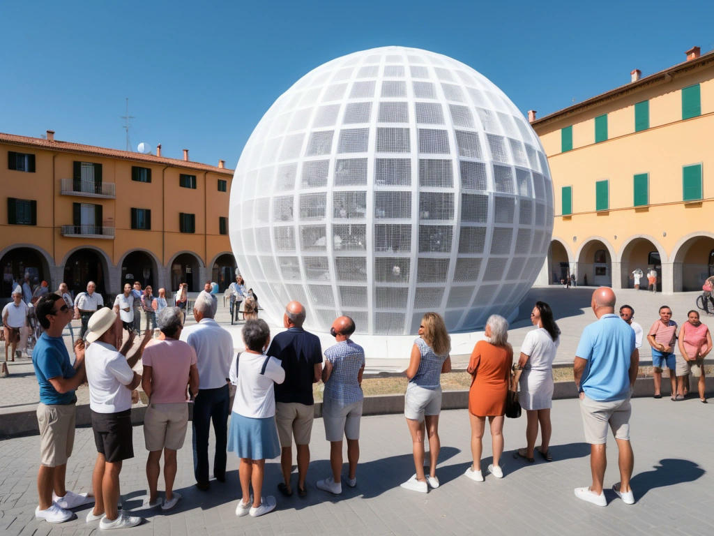 a group of tourists visiting Viganò, taking photos and marveling at the artificial sun, with the town's residents going about their daily business in the background