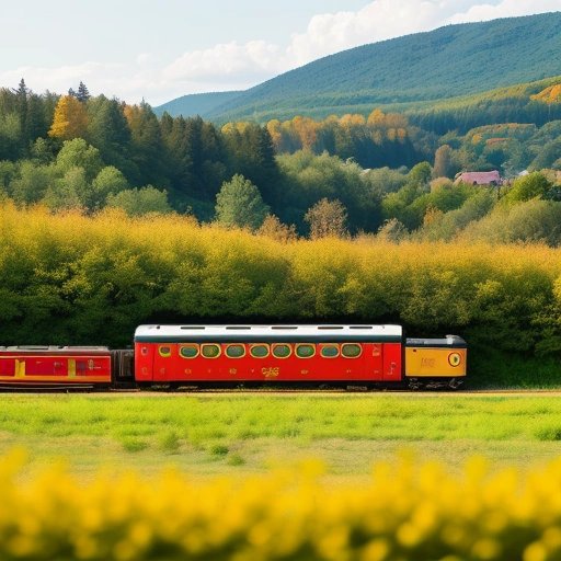 Magical scene of trains passing by transformed paper apple trees