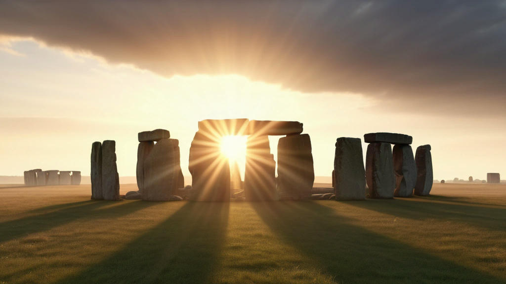 A breathtaking sunrise at Stonehenge during the summer solstice, with the sun's rays illuminating the ancient stone circle, high quality, extremely detailed, 8k resolution, photorealistic