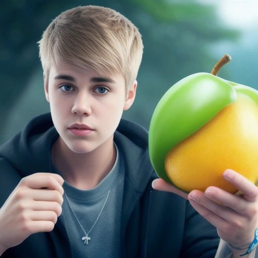 Justin Bieber holding an endofunctor-shaped fruit