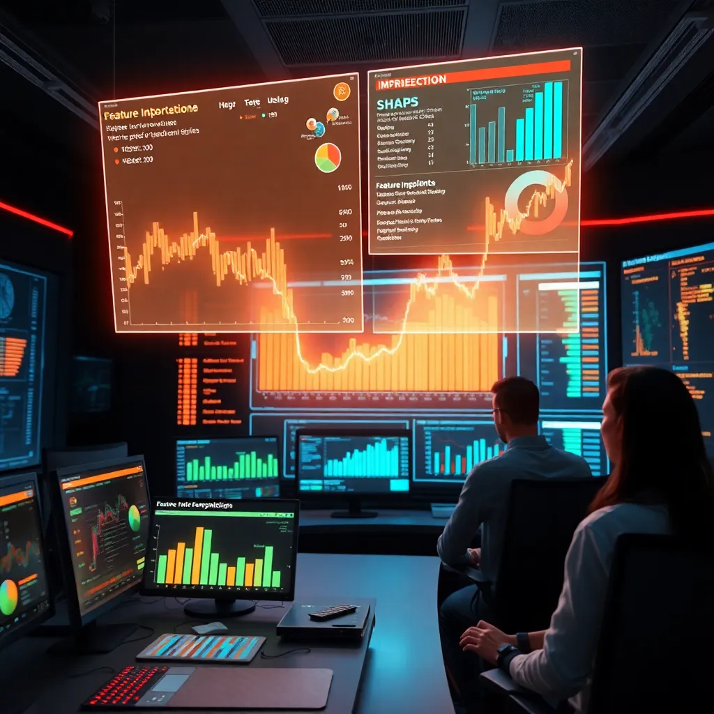 high-detail visualization of machine learning model interpretability, glowing SHAP charts floating in the air, feature importance bars, heatmaps, analysts in a sleek control room studying predictions, realistic and technical style
