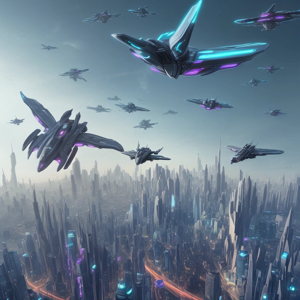 Futuristic cityscape with flying cars