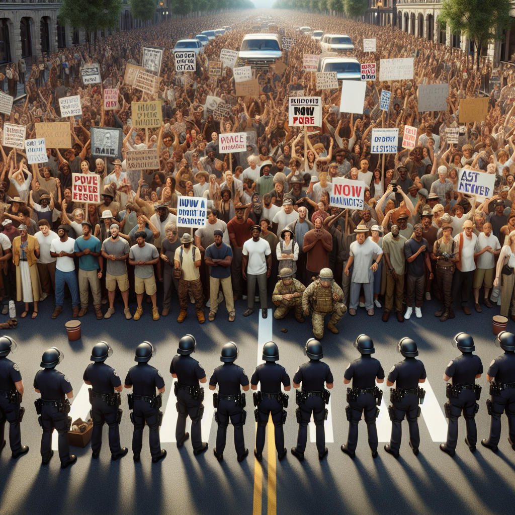 A tense scene of a protest against COVID-19 mandates, with people holding signs, police presence, and a divided crowd, hyper-realistic, intricate details, photo-realism, dramatic lighting