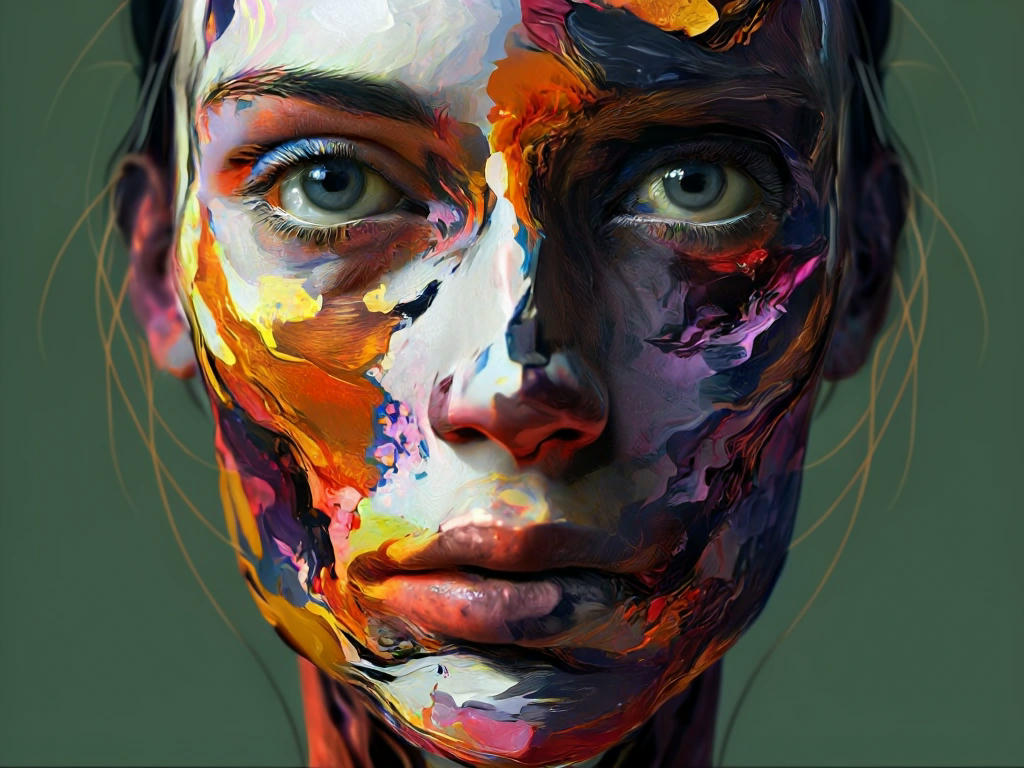 a surreal nightmare portrait generated by AI, with distorted features and bizarre colors