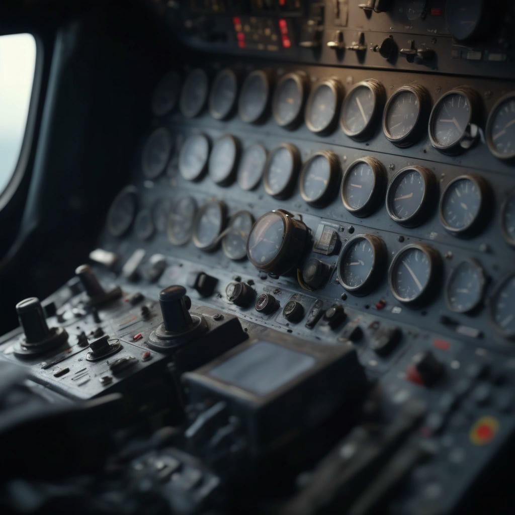 close-up of the plane's cockpit, with the pilot's seat empty, but the controls and instruments still intact, high detail, realistic, cinematic lighting, 4k