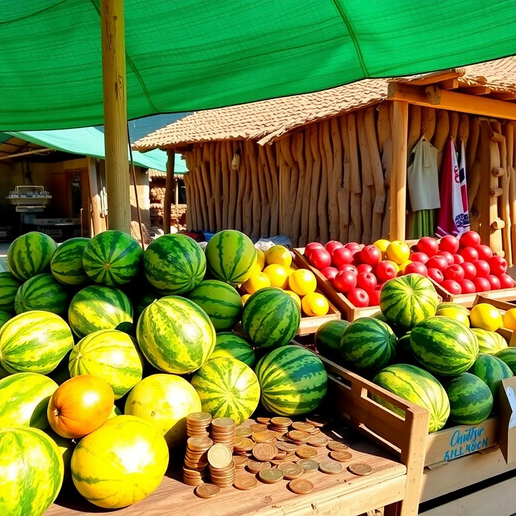 A market stall in the village of Kvadraty selling cubic watermelons and square apples, square coins on the counter, square wooden crates, bright daylight