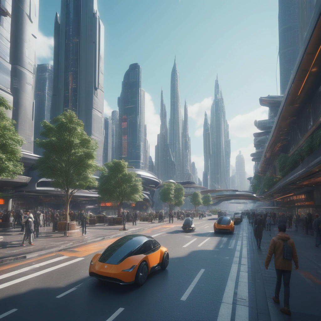 a futuristic cityscape with flying cars and robots, people walking with augmented reality glasses, hyper realistic, beautiful, intricate details, photo-realism, octane render, 4k