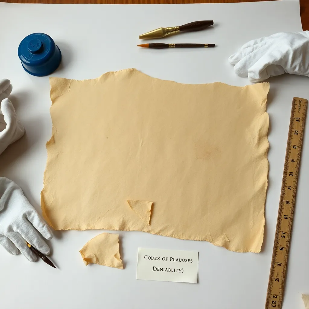 Codex fragments on a conservator’s table (“Codex of Plausible Deniability”)