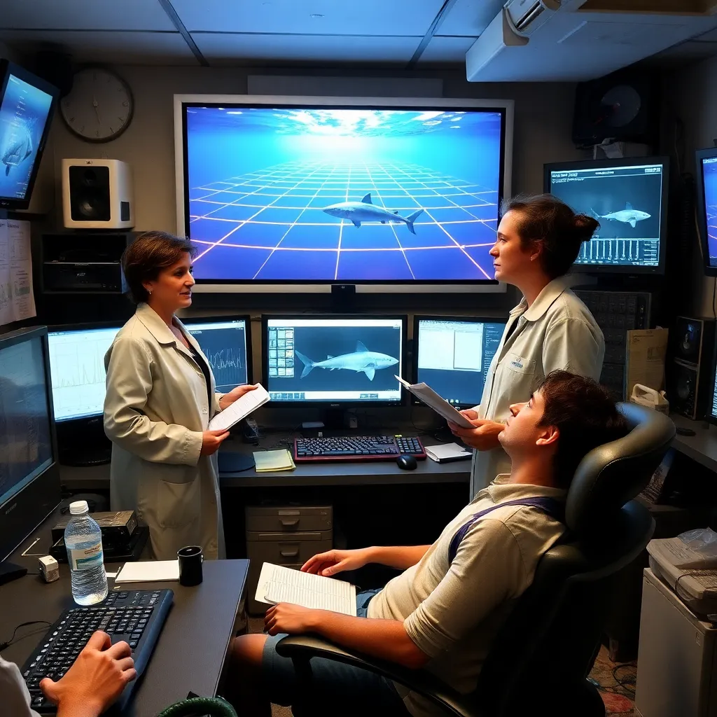 Dr. Naomi Blent’s team reviewing footage at the Institute for Advanced Marine Guessing