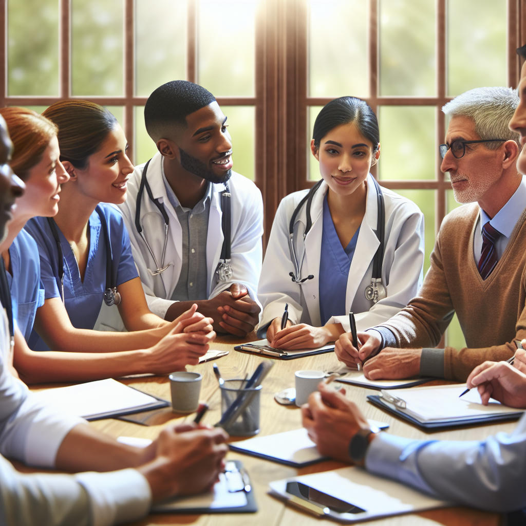 A diverse group of healthcare professionals and community members in a meeting, discussing inclusive language in medical communication, high quality, extremely detailed, natural lighting, photo-realistic