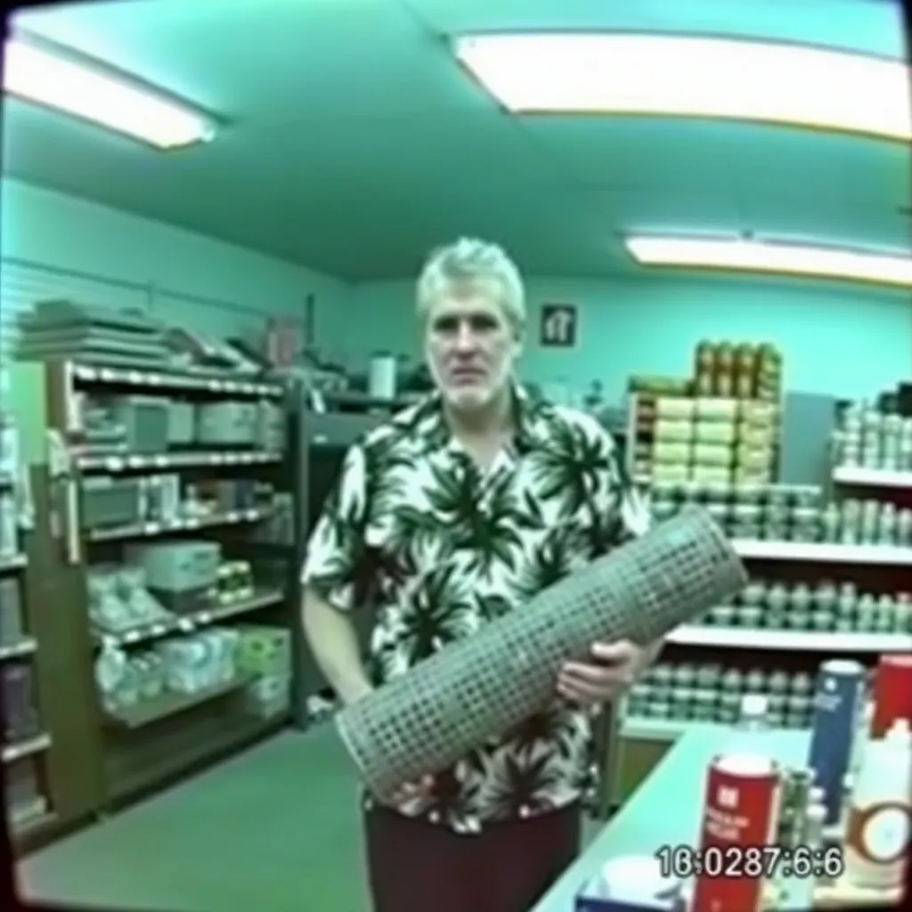 A grainy security camera still showing a man resembling John McAfee standing at a hardware store counter, wearing a tropical shirt and holding a roll of wire mesh, fluorescent lighting, timestamp in the corner.