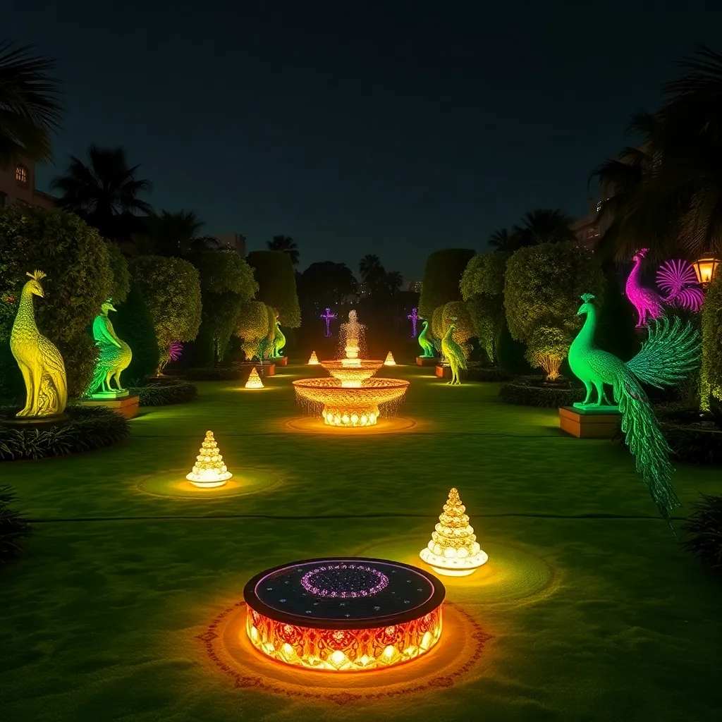 A surreal luxury park with glowing silk fountains, velvet grass, statues made of solid emerald, peacocks with diamond feathers, night scene with neon accents