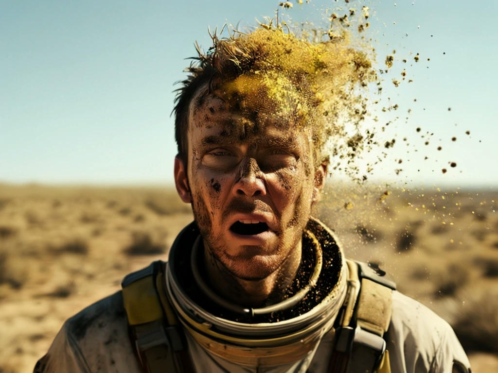 A crew member's head dissolving after being sprayed with pollen, with a shocked expression on his face, in a desolate, scrubby planet landscape