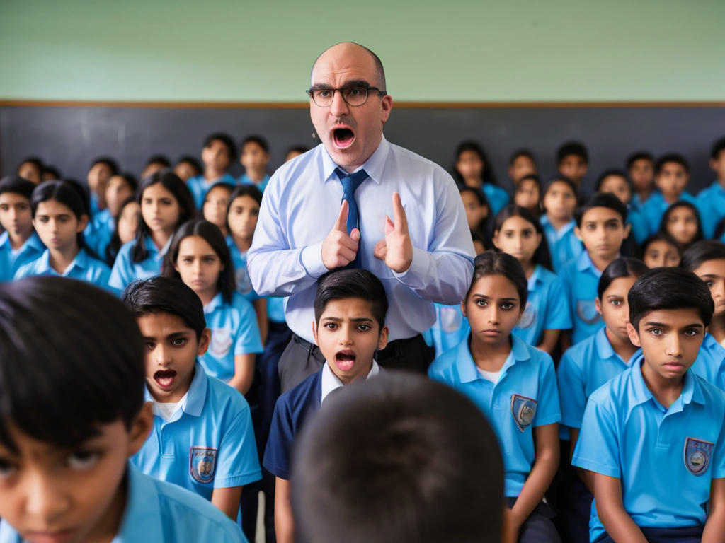 school principal addressing students in an assembly, emphasizing anti-bullying measures, concerned expressions on students' faces