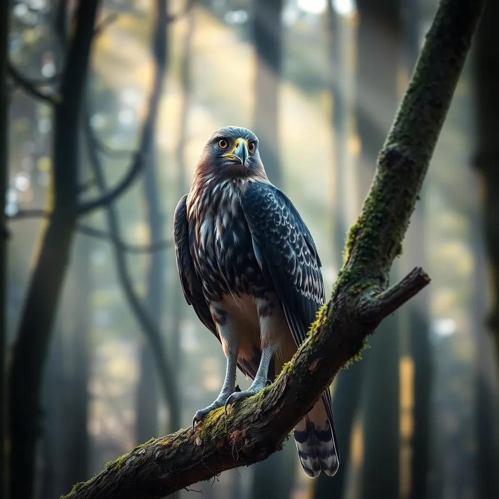 majestic goshawk perched on a mossy branch in a British woodland, fierce yellow eyes, hooked beak, feathers sleek and powerful, shafts of light through trees, dramatic and noble natural portrait, highly detailed