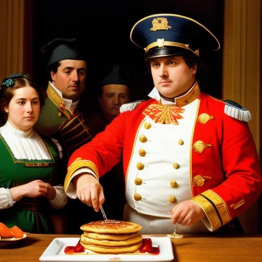 Napoleon flipping pancakes in a battlefield