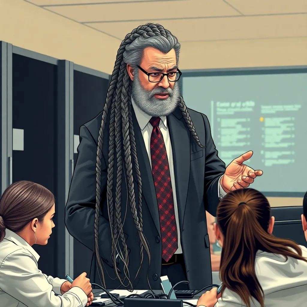 A stern corporate executive with impossibly long hair braided into functional computer cables lecturing terrified employees, one employee's ponytail accidentally unplugging a server rack