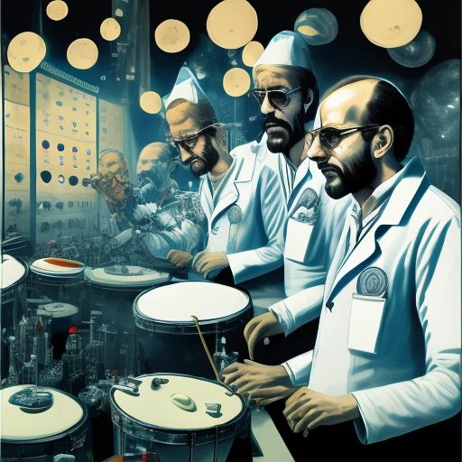 Scientists observing Bingo playing drums